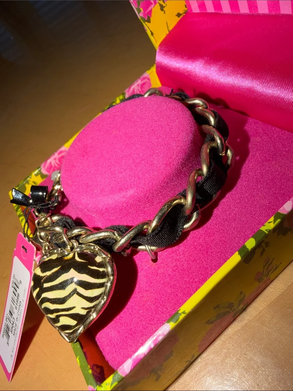 Betsey Johnson Gold-Tone Chain Bracelet with Pink and Zebra Heart Charms